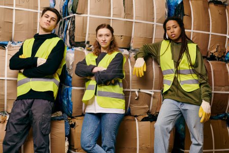 Young volunteers in gloves and safety vests sorting waste next to a pile of boxes.