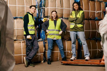 Téléchargez les photos : A group of young volunteers in safety gear stands next to a pile of boxes, sorting waste for recycling. - en image libre de droit