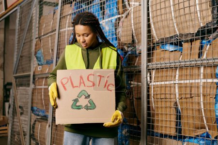 Young volunteer in gloves and safety vest sorting waste holds a sign that says plastic.
