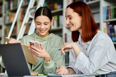 Redhead tutor guides a teenage girl with after-school lessons using a laptop in a cozy library setting.
