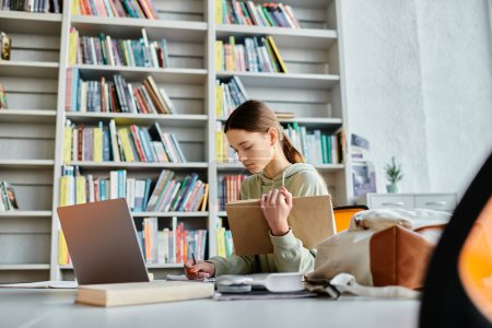 Une adolescente est assise à un bureau, absorbée dans son ordinateur portable, entourée d'immenses étagères remplies de connaissances.