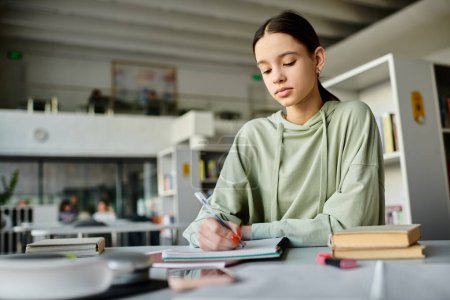 Una adolescente dedicada a escribir notas en un cuaderno mientras está sentada en un escritorio, absorta en sus estudios.