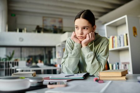 Téléchargez les photos : Une adolescente est assise à un bureau dans un bureau, absorbée par ses devoirs sur son ordinateur portable dans un cadre éducatif moderne. - en image libre de droit