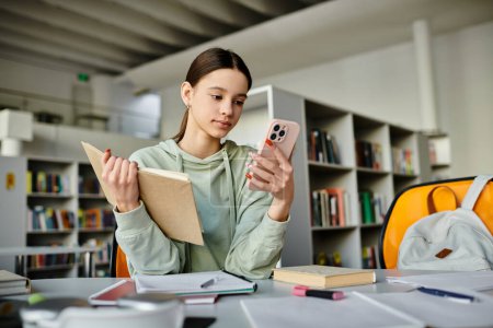 Téléchargez les photos : Une adolescente est assise à un bureau, absorbée par son téléphone après l'école, entourée de livres et d'un ordinateur portable.. - en image libre de droit