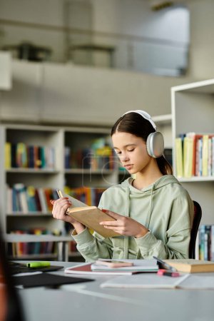 A teenage girl immersed in a book, wearing headphones, studying in a library after school.