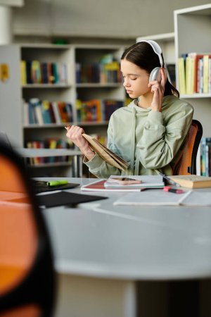 A teenage girl, wearing headphones, focuses on her laptop while sitting at a desk in a library.