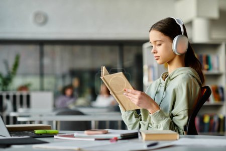 A teenage girl engrossed in a library book while wearing headphones, immersing herself in the realms of literature and music.