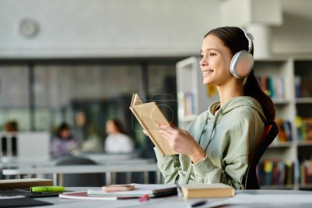 Una chica inmersa en un libro mientras usa auriculares en una biblioteca, encontrando una mezcla de literatura y música en su mundo.
