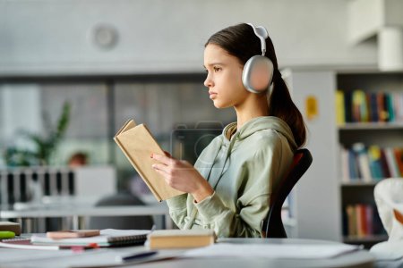 Una adolescente, con auriculares puestos, absorta en un libro en una biblioteca mientras incorpora métodos educativos modernos.