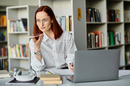Photo for A redheaded female tutor sits at a desk, focused on teaching an online lesson using a laptop, after school. - Royalty Free Image