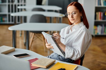 Photo for A focused redhead woman, a tutor, sitting at a desk, writing on a clipboard during an after-school lesson. - Royalty Free Image