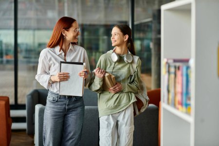 Eine rothaarige Frau unterrichtet ein Teenager-Mädchen in einer Bibliothek, beide vertieft in den After-School-Unterricht