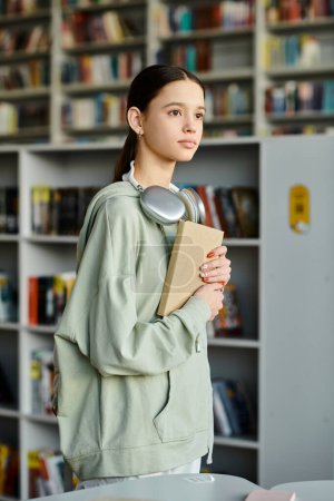 ein Teenager-Mädchen in einem Buch vertieft, in einer friedlichen Bibliothekslandschaft.