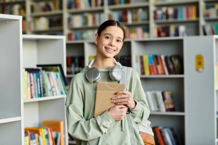 fille immergée dans un livre et profitant de la musique dans un cadre de bibliothèque.