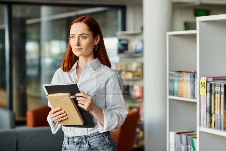 Photo for A redhead woman in a library, holding a notebook - Royalty Free Image