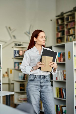 A redhead woman holds a folder in a library
