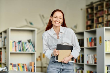 A redhead woman stands in a library holding a book, a modern educational setting.
