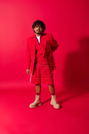 Photo for Handsome young Indian man posing in front of a bright red backdrop. - Royalty Free Image