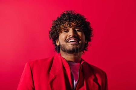A close-up of a stylish young Indian man wearing a vibrant red jacket against a colorful backdrop.