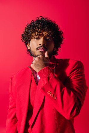 Handsome young Indian man in a striking red suit poses against a vibrant backdrop.
