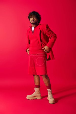 Handsome young Indian man posing in a red jacket and shorts against a vivid red backdrop.