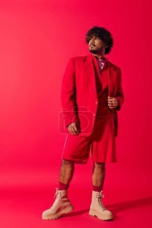 Téléchargez les photos : Un jeune indien habillé d'un costume rouge saisissant et d'une cravate frappant une pose sur un fond rouge vif. - en image libre de droit