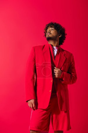 Hombre joven indio guapo en un traje rojo llamativo, exudando confianza y estilo.