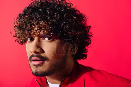 Photo for Close-up of a handsome young man with curly hair against a vibrant backdrop. - Royalty Free Image