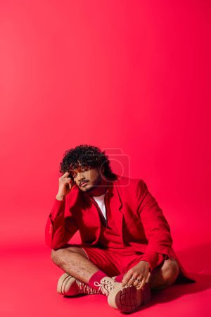 Handsome man in vibrant red suit sitting gracefully on the ground.