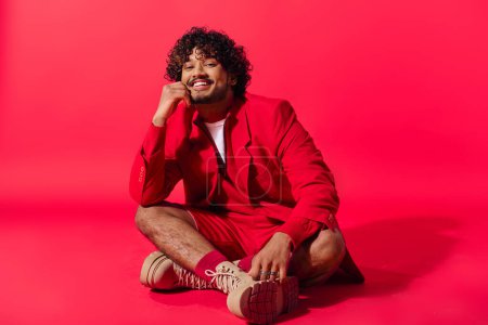 Handsome young Indian man in red suit sitting gracefully.