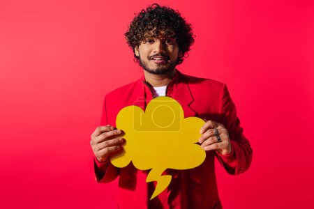 A young Indian man in a red jacket holds a speech bubble on a vivid backdrop.