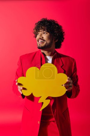 A stylish young Indian man in a red suit holding a bright yellow speech bubble.