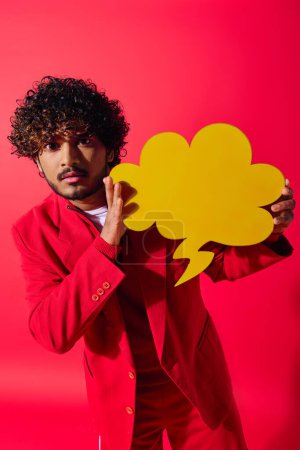 Handsome young Indian man in red suit holding a yellow speech bubble.