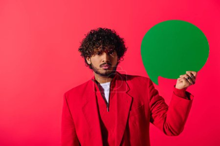 A young Indian man in a red jacket holds a green speech bubble.