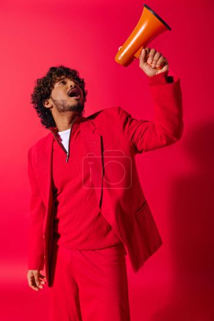 Vibrant Indian man in red suit holding a megaphone.