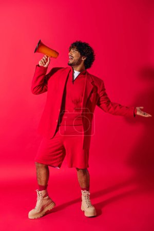 Schöner indischer Mann in leuchtend rotem Anzug posiert selbstbewusst mit Megafon.