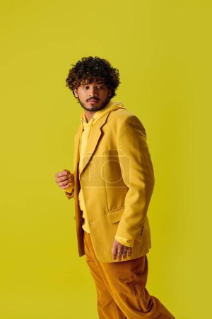 Handsome young Indian man in a vibrant yellow suit strikes a pose against a vivid yellow backdrop.