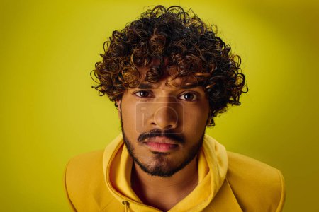 A young Indian man with curly hair strikes a pose in a yellow shirt against a vivid backdrop.