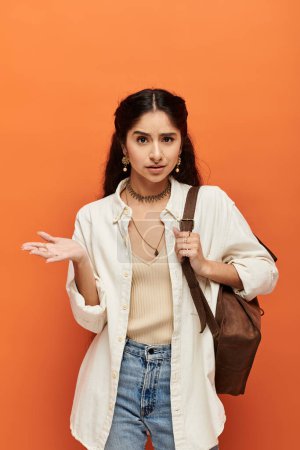 Stylish indian woman in jeans and white shirt stands confidently against vibrant orange backdrop.