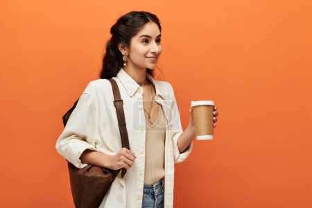 Téléchargez les photos : Une jeune femme indienne tient énergiquement une tasse de café sur un fond orange vif. - en image libre de droit