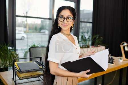Jeune femme indienne dans des lunettes chics tient dossier dans un cadre de bureau élégant.
