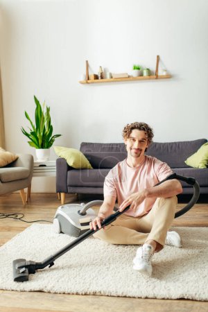 Hombre guapo en acogedora limpieza de ropa de casa con una aspiradora en el suelo.