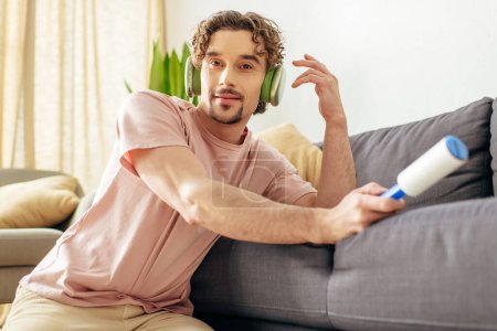A handsome man in cozy homewear sitting near a couch, holding a sticky roller.
