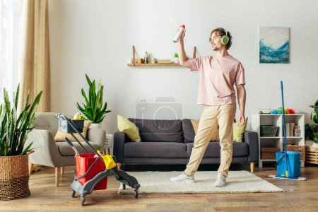 Un hombre en acogedora ropa de casa se encuentra en la sala de estar, sosteniendo limpiador.