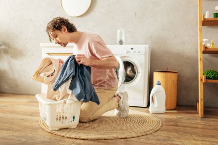 Un hombre en ropa de casa acogedora sentado al lado de una lavadora.