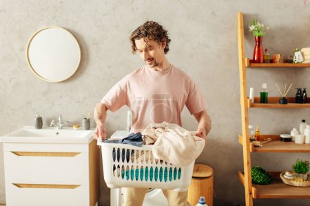 Hombre guapo en ropa de casa acogedora sostiene cesta de lavandería en el baño.