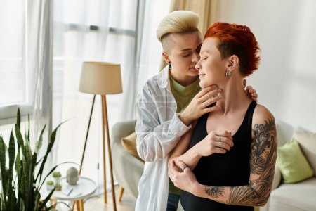 Photo for Two women in a warm hug in a cozy living room, expressing love and connection in an intimate moment. - Royalty Free Image