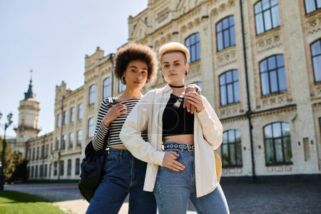 Zwei multikulturelle junge Frauen in stylischen Outfits posieren vor einem alten Gebäude auf einem Universitätscampus.