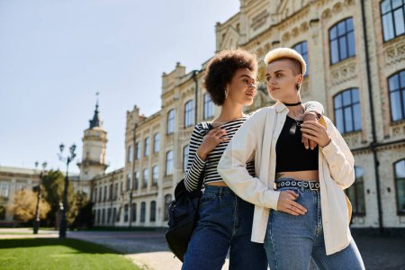 Dos mujeres jóvenes, pareja lésbica multicultural, posan elegantemente frente a un antiguo edificio en el campus universitario.