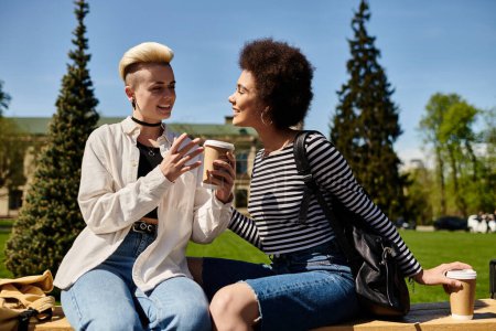 Un couple de lesbiennes multiculturel, élégamment habillé, assis et bavarder joyeusement sur un banc dans un parc par une journée ensoleillée.